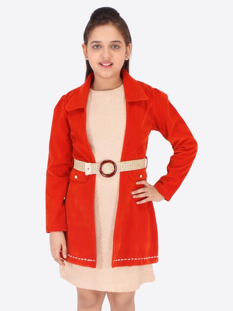 

CUTECUMBER Girls Red & Beige Velvet A-Line Dress With Detachable Full Sleeves Jacket