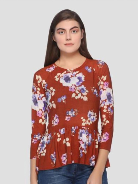 

armure Orange Floral Print Crepe Peplum Top