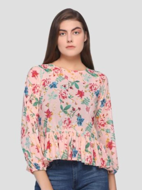 

armure Pink Floral Print Crepe Peplum Top