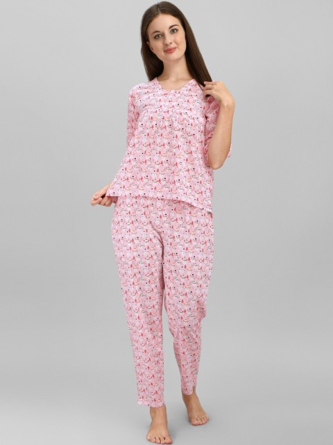 

Mesmora Women Pink & White Printed Pure Cotton Night suit
