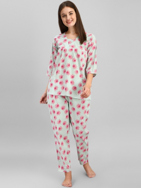 

Mesmora Women Green & Pink Printed Pure Cotton Night Suit