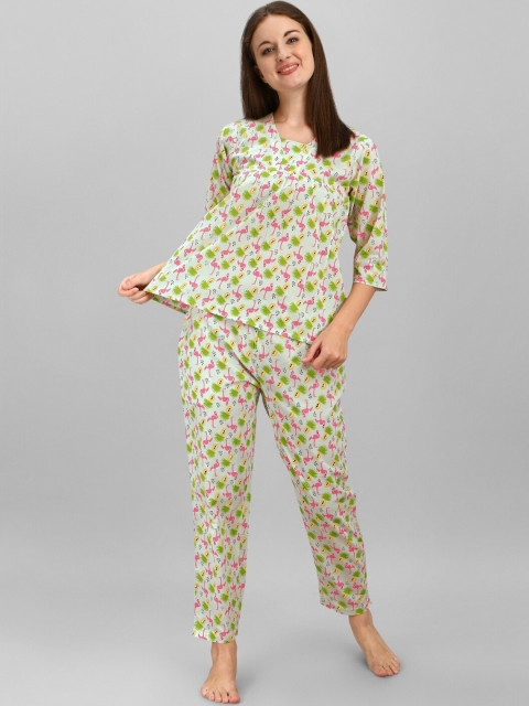

Mesmora Women Green & Pink Printed Pure Cotton Night Suit