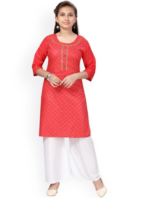 

Aarika Girls Red Ethnic Motifs Embroidered Pure Cotton Kurta with Palazzos