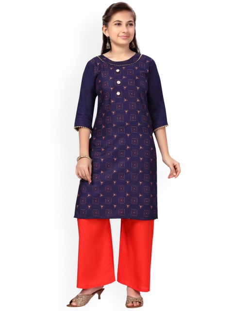 

Aarika Girls Navy Blue Ethnic Motifs Printed Pure Cotton Kurti with Palazzos