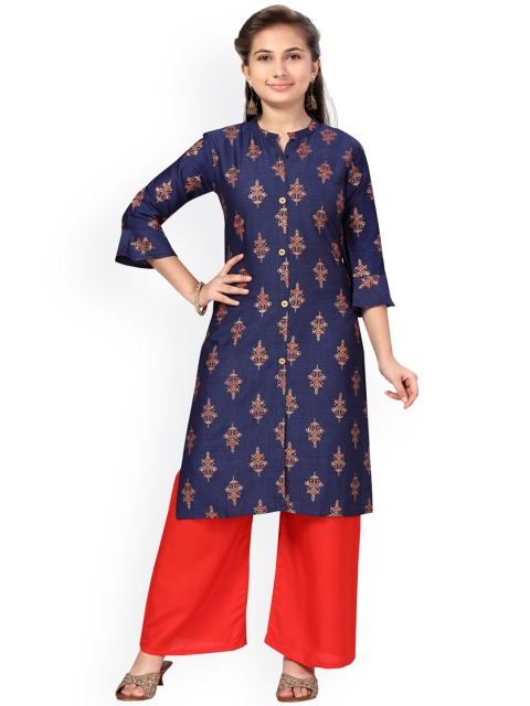 

Aarika Girls Blue Ethnic Motifs Printed Pure Cotton Kurta with Palazzos