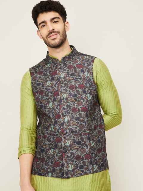 

Melange by Lifestyle Men Olive Green Floral Printed Nehru Jacket