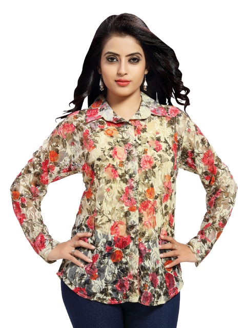 

VENISA Black & Yellow Floral Print Satin Georgette Shirt Style Top