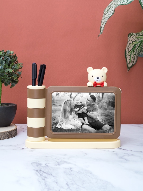 

Golden Peacock Brown & Beige Acrylic Teddy Bear Photo Frame With Pen Holder