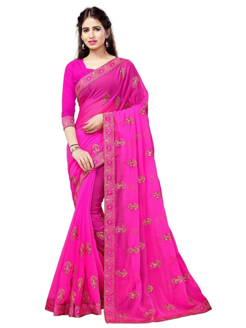 

VENISA Pink & Gold-Toned Floral Embroidered Art Silk Saree