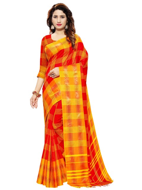

VENISA Red & Yellow Checked Art Silk Saree