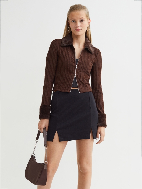 

H&M Women Brown Faux Fur Collar Crop Cardigan