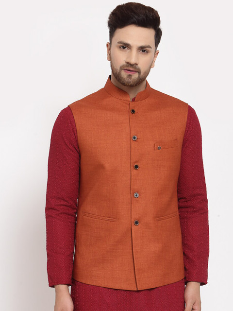 

MOHANLAL SONS Men Rust Orange Coloured Solid Woven Nehru Jacket
