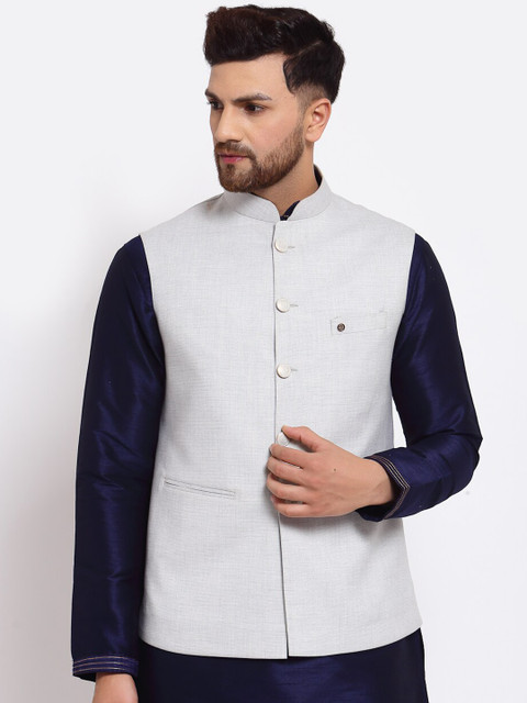 

MOHANLAL SONS Men Light Grey Jute Nehru Jacket