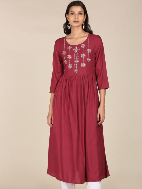 

Karigari Women Red Flared Sleeves Thread Work Kurta