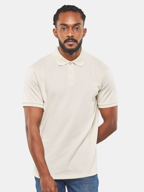 

BLUEAGE Men Beige Mandarin Collar Pure Cotton Pockets T-shirt
