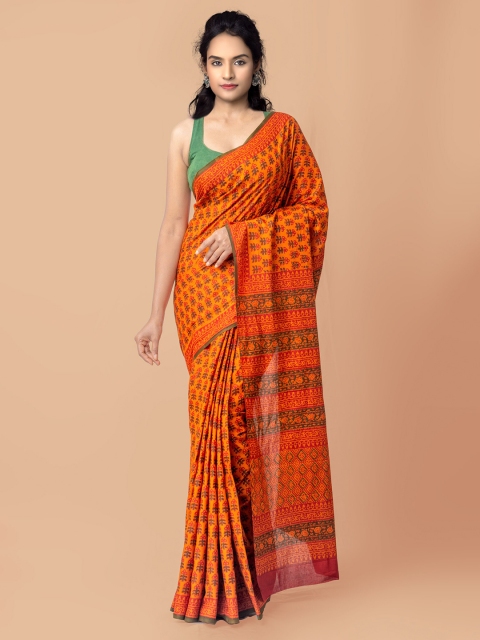 

Unnati Silks Red Pure Handloom Sustainable Block Printed Mulmul Cotton Saree