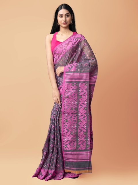 

Unnati Silks Grey & Pink Woven Design Pure Silk Jamdani Saree