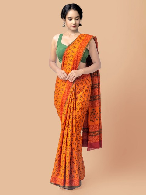 

Unnati Silks Orange & Green Ethnic Motifs Pure Cotton Block Print Saree