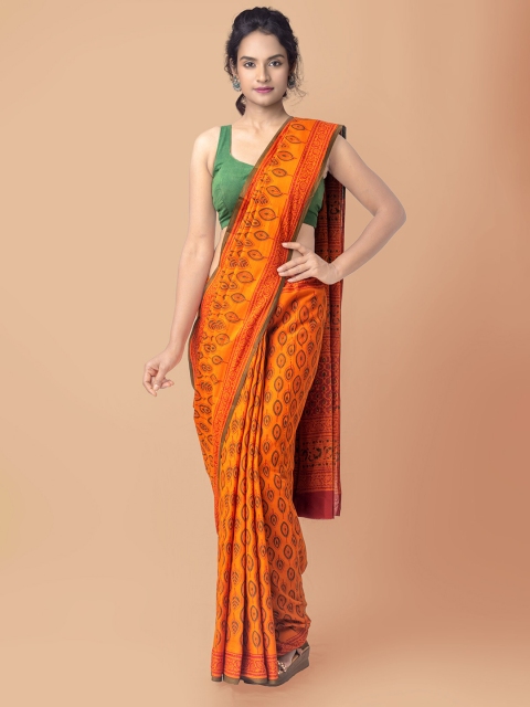 

Unnati Silks Orange & Green Ethnic Motifs Pure Cotton Block Print Saree