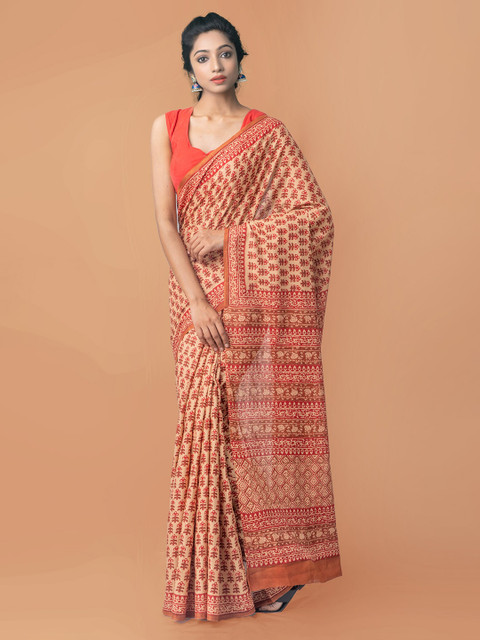 

Unnati Silks Brown & Red Ethnic Motifs Pure Cotton Block Print Saree
