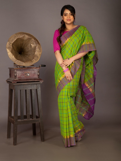 

Unnati Silks Green & Blue Checked Zari Pure Cotton Handloom Sustainable Mangalagiri Saree