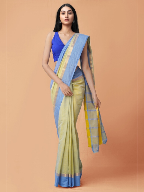 

Unnati Silks Green & Blue Striped Zari Pure Cotton Mangalagiri Saree