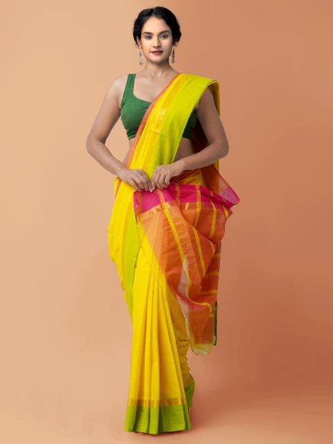 

Unnati Silks Yellow & Red Striped Zari Pure Cotton Mangalagiri Saree