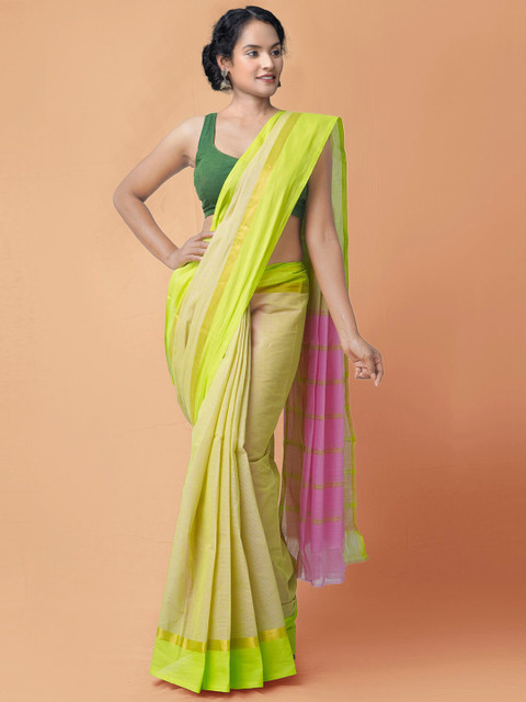 

Unnati Silks Green & Pink Striped Zari Pure Cotton Handloom Sustainable Mangalagiri Saree