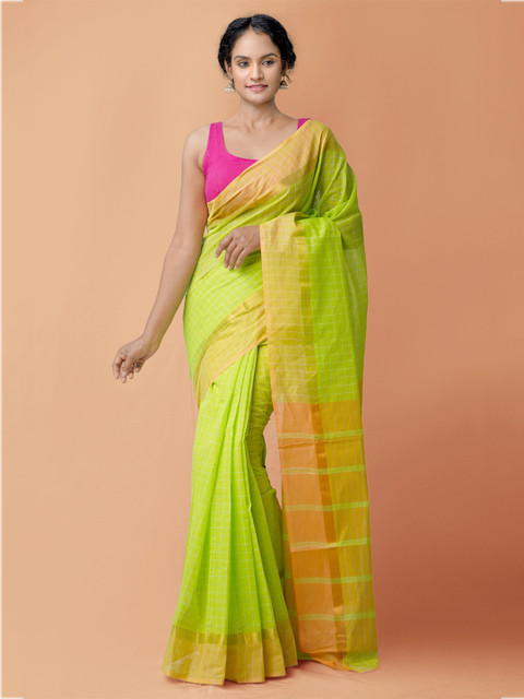 

Unnati Silks Green & Orange Striped Pure Cotton Mangalagiri Saree