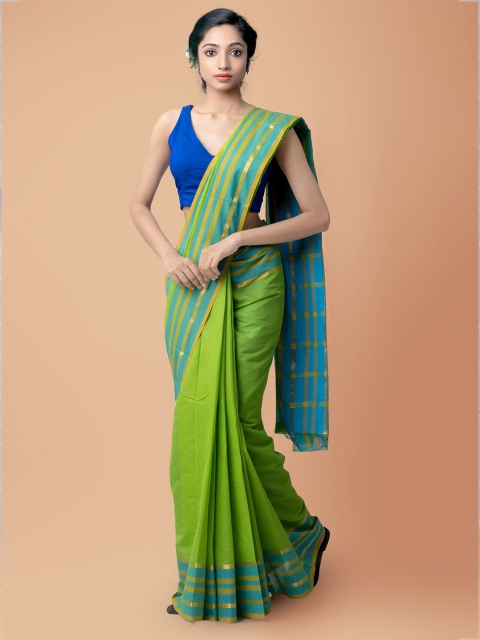 

Unnati Silks Green & Blue Striped Zari Pure Cotton Mangalagiri Saree