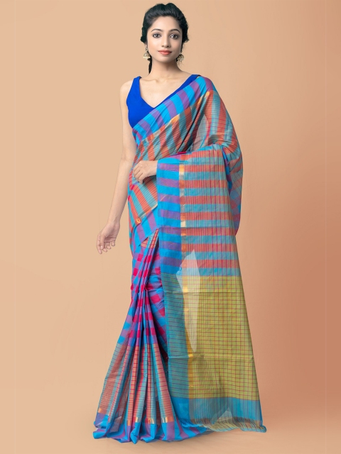 

Unnati Silks Blue & Red Checked Pure Handloom Sustainable Pavani Mangalagiri Cotton Saree