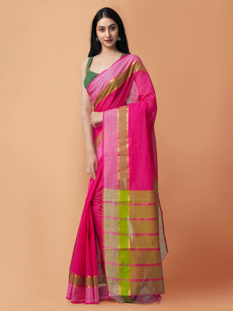 

Unnati Silks Pink & Green Woven Design Pure Cotton Handloom Sustainable Mangalagiri Saree