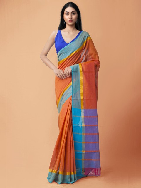 

Unnati Silks Rust Red & Blue Pure Cotton Handloom Sustainable Pavani Mangalagiri Saree