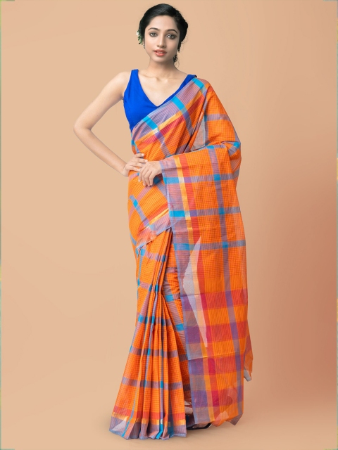 

Unnati Silks Orange & Blue Checked Zari Pure Cotton Mangalagiri Saree