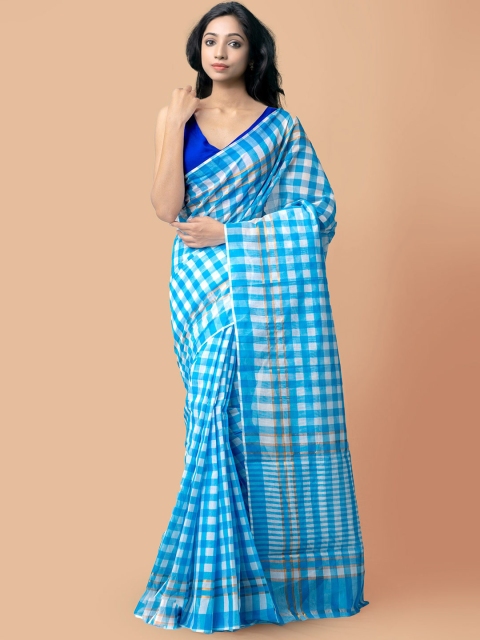 

Unnati Silks Blue Checked Pure Handloom Sustainable Pavani Mangalagiri Cotton Saree