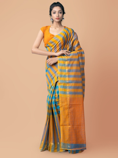 

Unnati Silks Orange & Teal Striped Zari Pure Cotton Handloom Sustainable Mangalagiri Saree