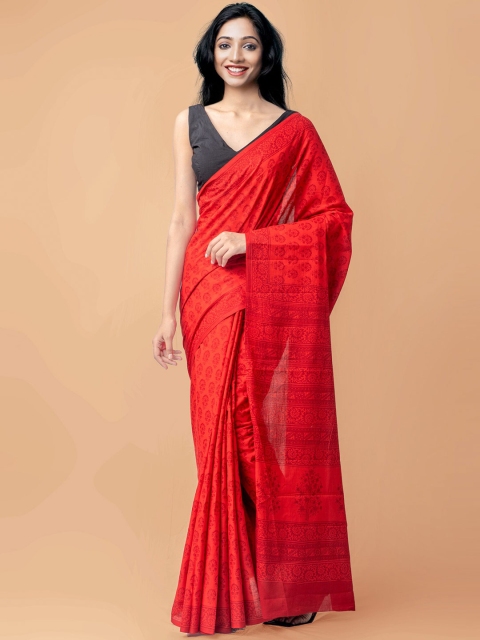 

Unnati Silks Red Pure Handloom Sustainable Block Printed Mulmul Cotton Saree