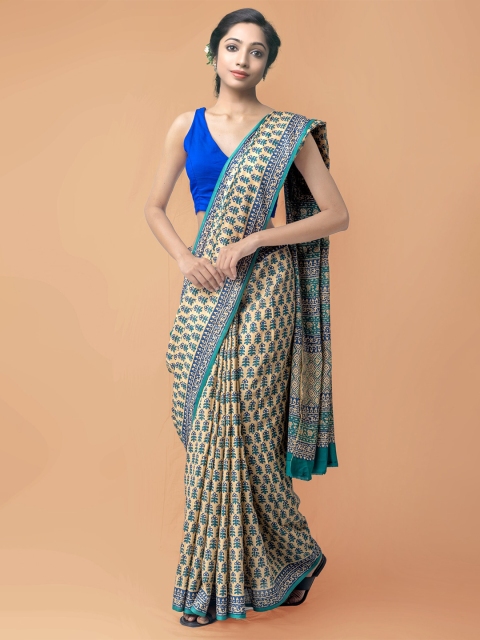 

Unnati Silks Brown & Green Pure Cotton Handloom Sustainable Block Print Saree