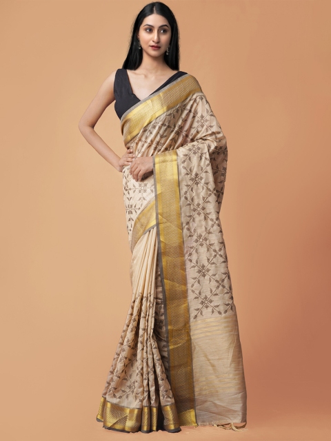 

Unnati Silks Brown & Gold-Toned Floral Jute Silk Maheshwari Saree