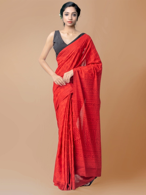 

Unnati Silks Red Pure Handloom Sustainable Block Printed Mulmul Cotton Saree