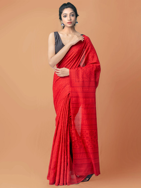 

Unnati Silks Red Pure Handloom Sustainable Block Printed Mulmul Cotton Saree