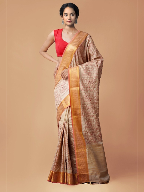 

Unnati Silks Brown & Gold-Toned Ethnic Motifs Zari Silk Cotton Maheshwari Saree