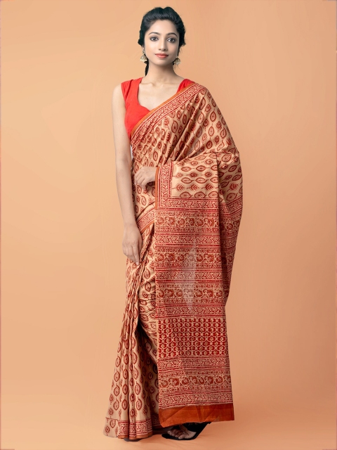 

Unnati Silks Brown & Maroon Ethnic Motifs Pure Cotton Block Print Saree