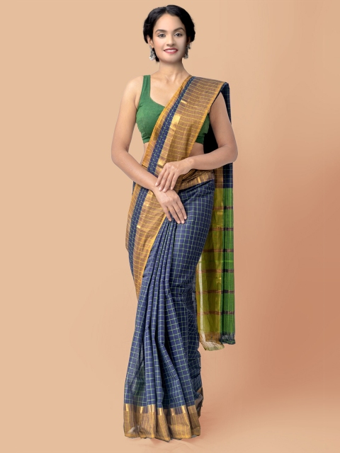 

Unnati Silks Navy Blue & Green Checked Zari Pure Cotton Mangalagiri Saree