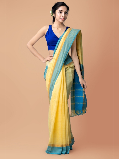 

Unnati Silks Yellow & Blue Solid Pure Handloom Sustainable Pavani Mangalagiri Cotton Saree
