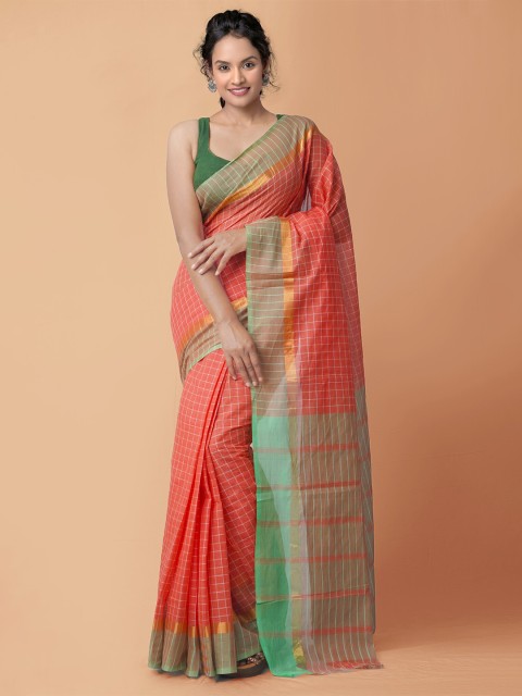 

Unnati Silks Red & Green Checked Zari Pure Cotton Handloom Sustainable Mangalagiri Saree
