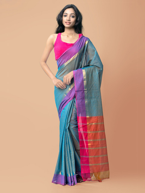 

Unnati Silks Blue & Purple Pure Cotton Handloom Sustainable Pavani Mangalagiri Saree