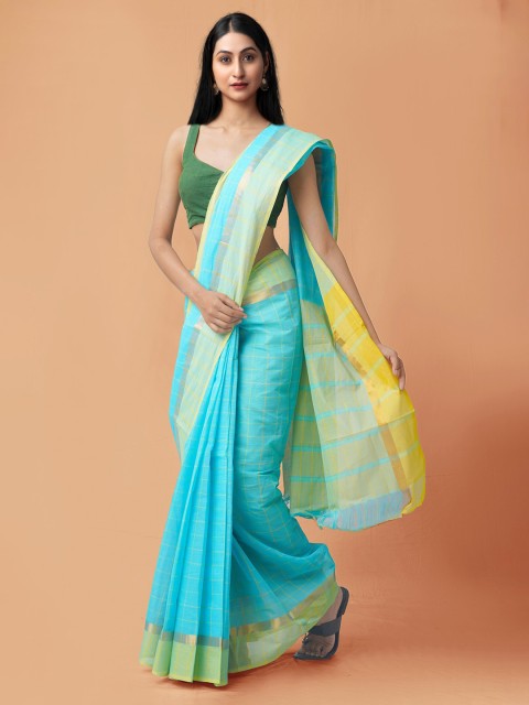 

Unnati Silks Turquoise Blue & Yellow Woven Design Zari Pure Cotton Mangalagiri Saree