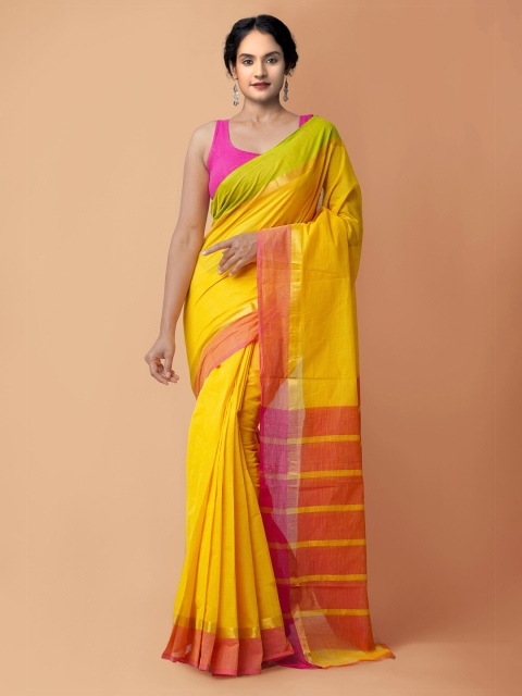 

Unnati Silks Yellow & Red Striped Zari Pure Cotton Handloom Sustainable Mangalagiri Saree