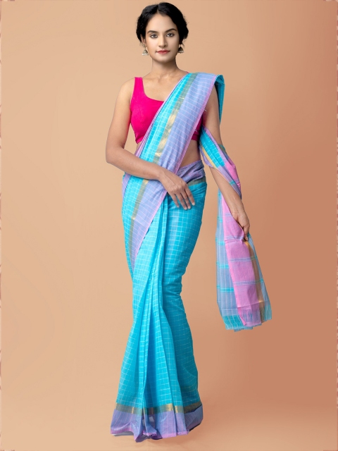 

Unnati Silks Turquoise Blue & Pink Checked Zari Pure Cotton Mangalagiri Saree